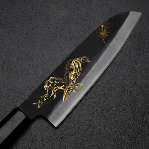 Santoku Blue Steel #2 Kurouchi Chokin Aquila Pino Manico Bufalo Ebano 165mm