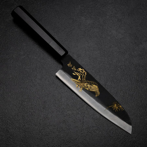 Santoku Blue Steel #2 Kurouchi Chokin Aquila Pino Manico Bufalo Ebano 165mm