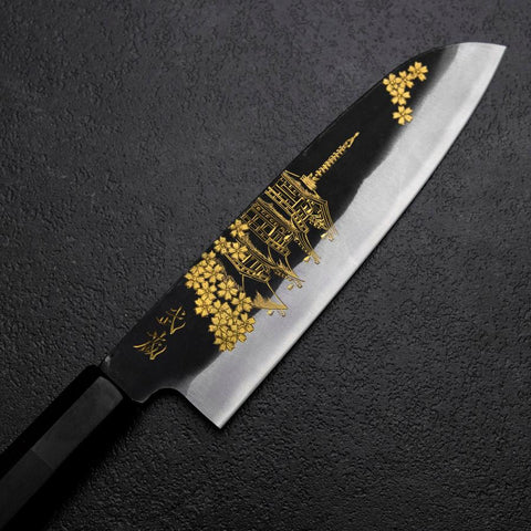 Santoku Blue Steel #2 Kurouchi Chokin Pagoda Sakura Manico Bufalo Ebano 165mm