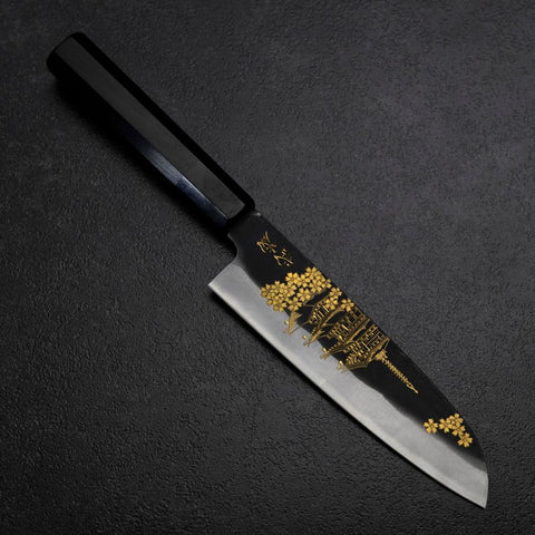 Santoku Blue Steel #2 Kurouchi Chokin Pagoda Sakura Manico Bufalo Ebano 165mm