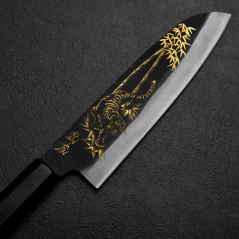 Santoku Blue Steel #2 Kurouchi Chokin Tigre Bambù Manico Bufalo Ebano 165mm