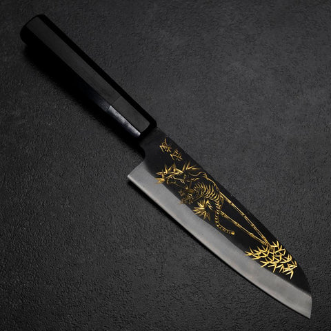 Santoku Blue Steel #2 Kurouchi Chokin Tigre Bambù Manico Bufalo Ebano 165mm