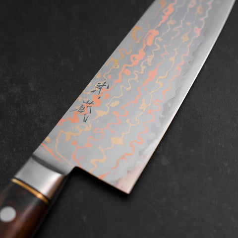 Santoku Blue Steel #2 Edelstahlummantelung Kolorierter Damast Westlicher Eisenholz Griff 180mm
