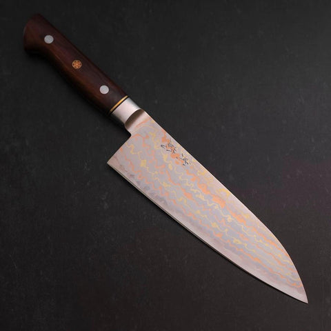 Santoku Blue Steel #2 Edelstahlummantelung Kolorierter Damast Westlicher Eisenholz Griff 180mm