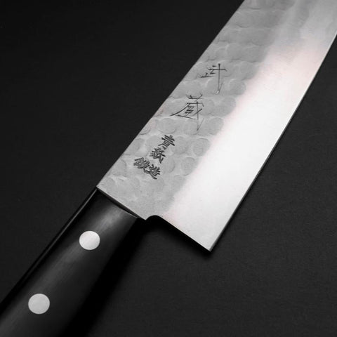 Santoku Blue Steel #2 Edelstahlummantelung Tsuchime Schwarzer Westlicher Griff 165mm