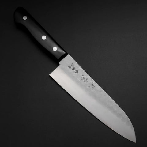 Santoku Blue Steel #2 Edelstahlummantelung Tsuchime Schwarzer Westlicher Griff 165mm