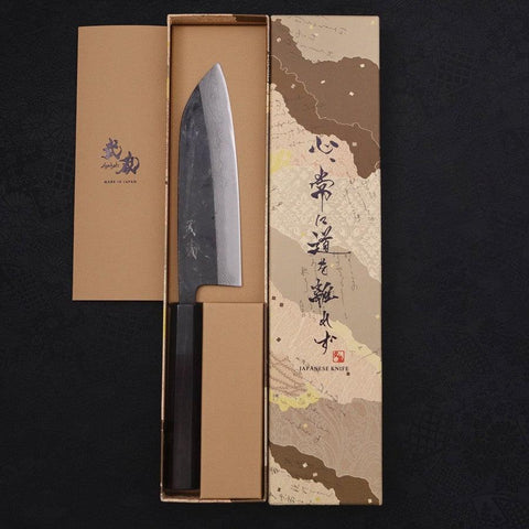 Santoku Blue Steel #2 Kurouchi Damasco Mango de Ébano con Cuerno de Búfalo 165mm