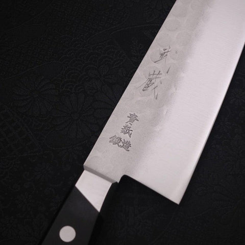 Santoku Blue Steel #2 Edelstahlummantelung Tsuchime Westlicher Griff 180mm