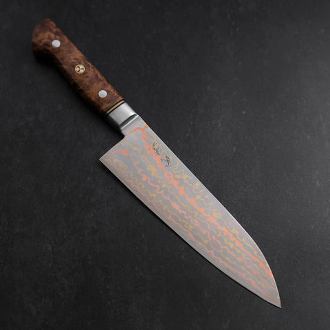 Santoku Blue Steel #2 Edelstahlummantelung Kolorierter Damast Westlicher Quittenholz Griff 180mm