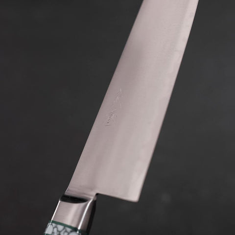 Santoku Blue Steel #2 Edelstahlummantelung Poliert Grüner Micarta Griff mit Türkis Inlay 180mm