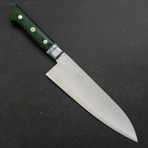 Santoku Blue Steel #2 Edelstahlummantelung Poliert Grüner Micarta Griff mit Türkis Inlay 180mm