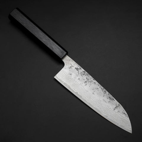 Santoku Schwedenstahl Nashiji Washi Damast Dunkelblauer Urushi Griff 165mm