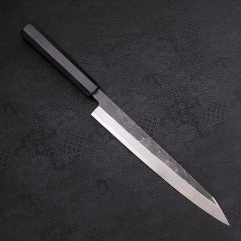 Yanagi Kiritsuke Blue Steel #2 Kurouchi Büffelhorn und Ebenholz Griff 240mm
