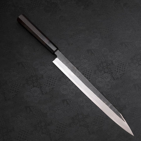 Yanagi Kiritsuke Blue Steel #2 Kurouchi Büffelhorn und Ebenholz Griff 300mm