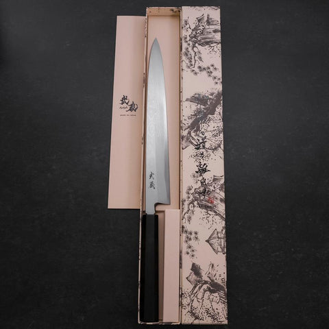 Yanagiba Blue Steel #2 Suminagashi Mango de Ébano con Cuerno de Búfalo 270mm