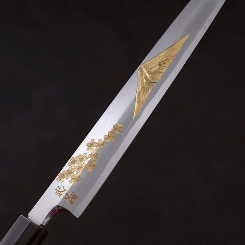Yanagiba White Steel #2 Kasumi Chokin Sakura-Fuji Buffalo Ebony Handle 210mm